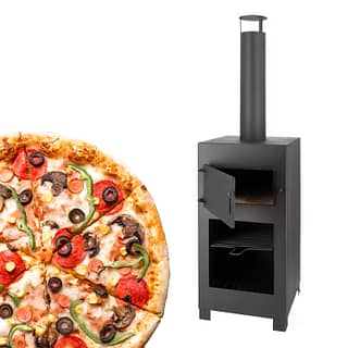 Zwarte pizza oven met steen en houtopslag