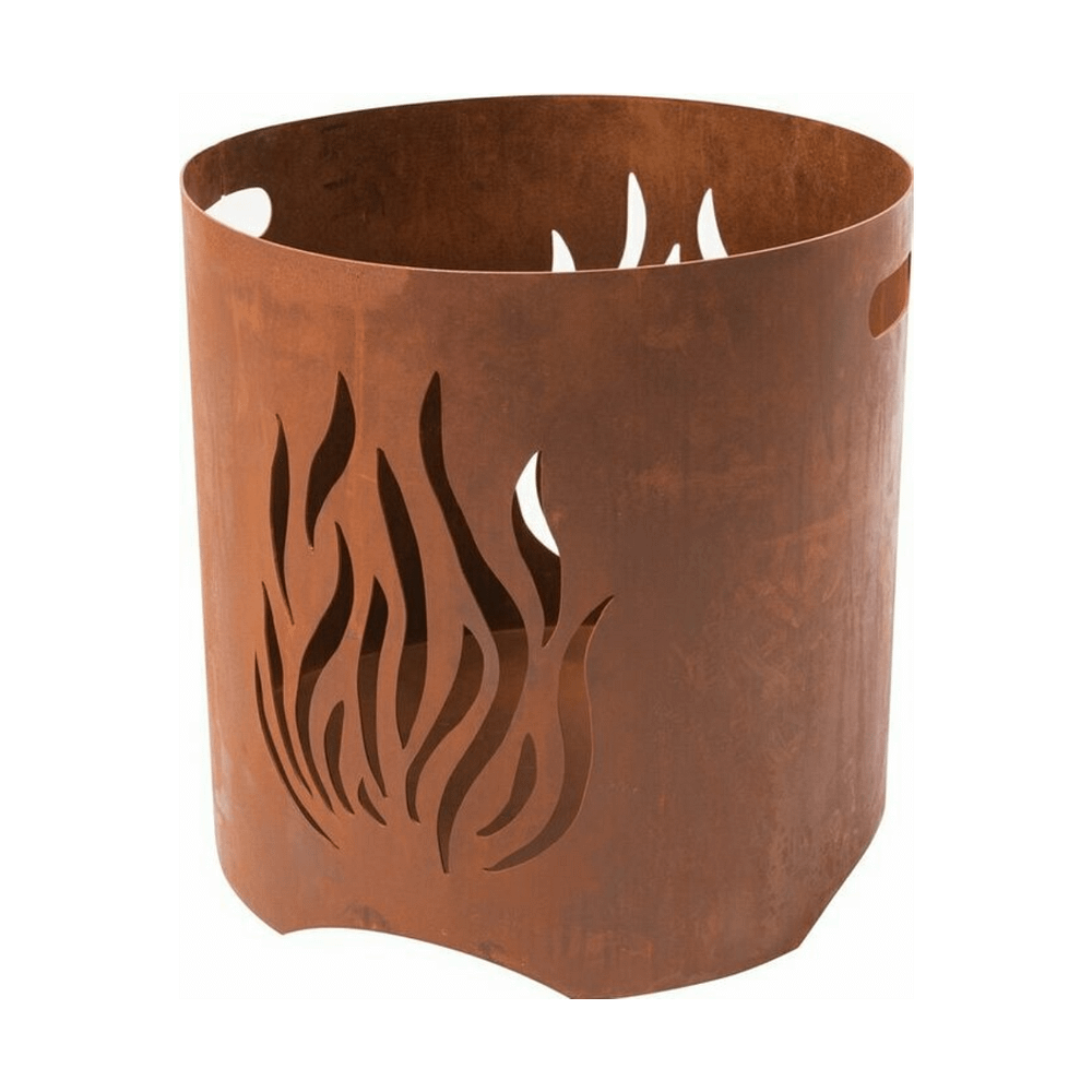 Handgemaakte vuurkorf met handvaten en uitgesneden figuren