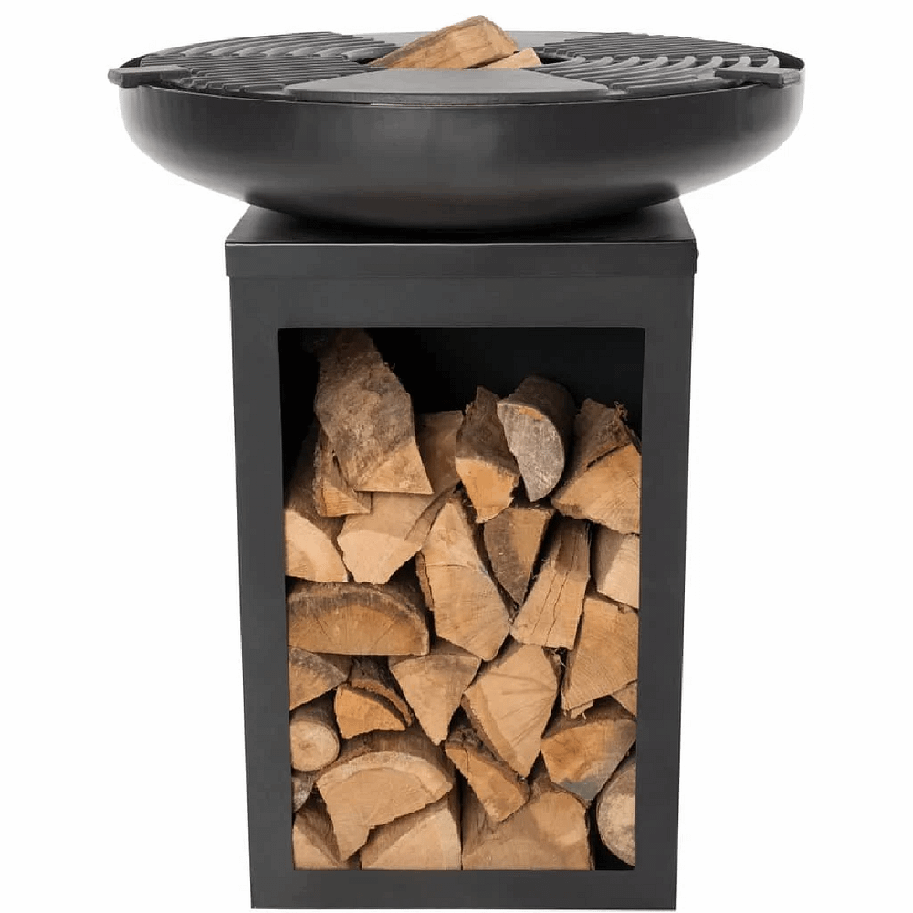 Zwarte staande vuurschaal met houtopslag en plancha / grill