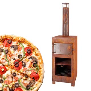 Roestkleurige pizza oven met steen en houtopslag