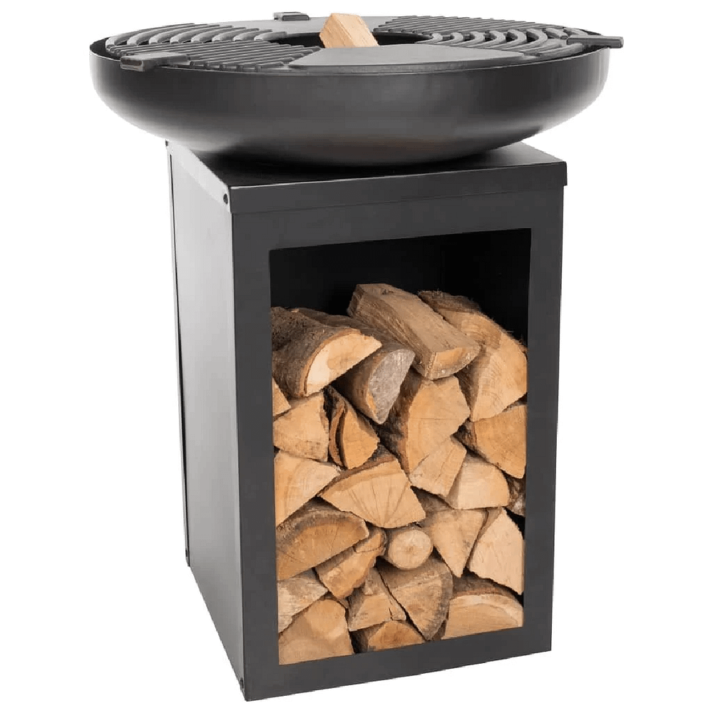 Zwarte staande vuurschaal met houtopslag en plancha / grill